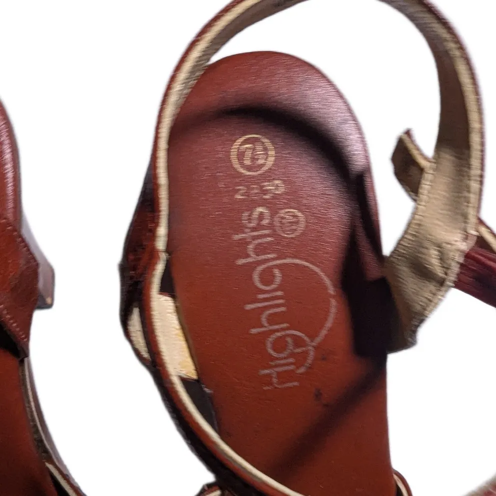 Vtg 1980s Highlights Brown Faux Leather Wooden Heel Peep Toe Cutout Sandals 7.5 - Image 4