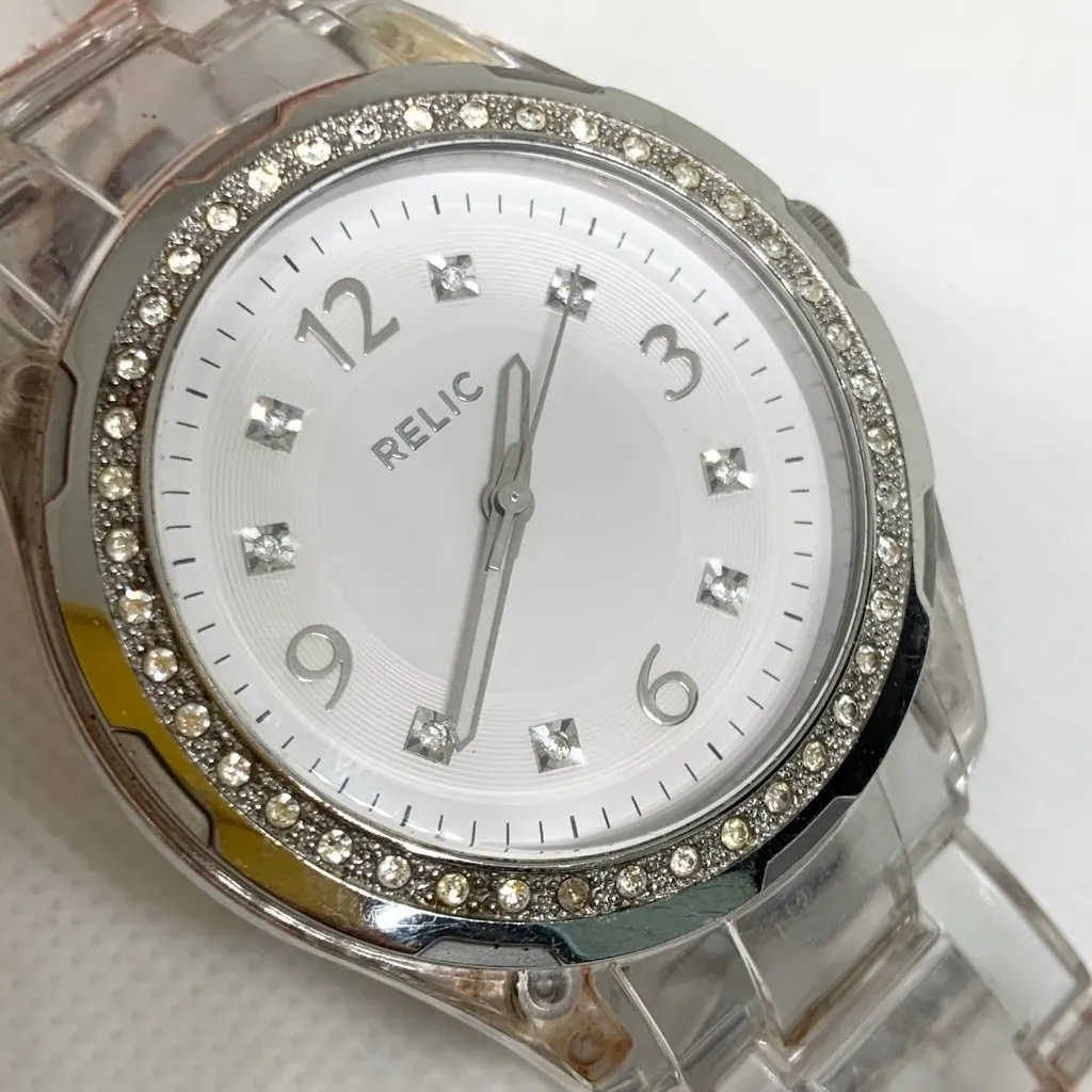 Relic women’s watch 37mm round quartz silver tone clear plastic band running - Image 2