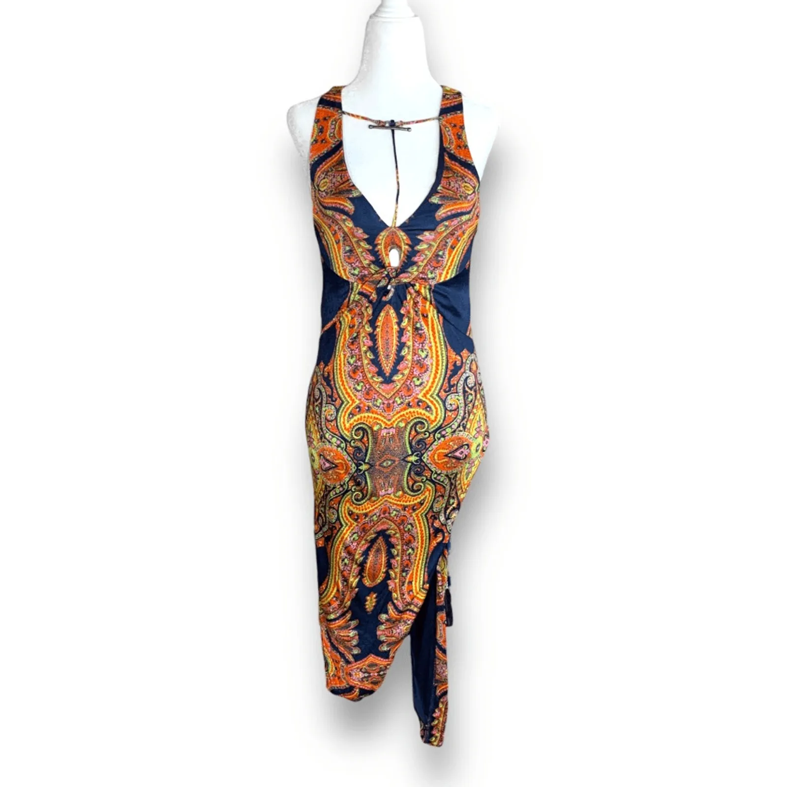 Free People Sin City Midi Dress Psychedelic Boho Paisley Print XS Navy Blue - Image 4