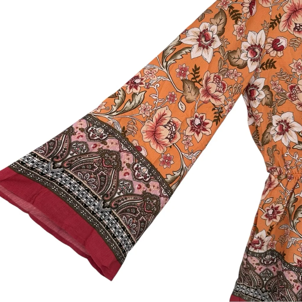 Timing Orange Floral Romper size Medium Long Flare Sleeve Surplice V Neck Boho - Image 4