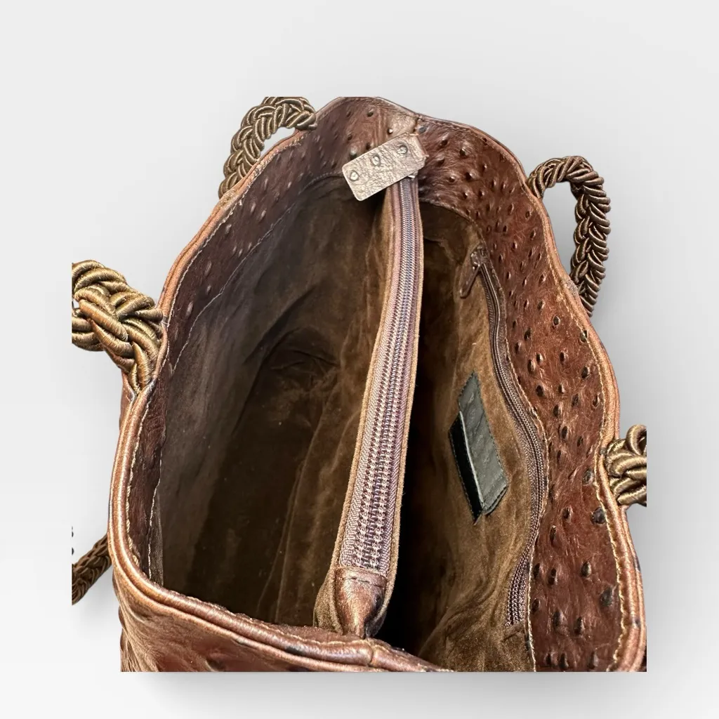 Falor Le Borse Genuine Leather Ostrich Brown Bag Braided Strap Made in Italy - Image 8