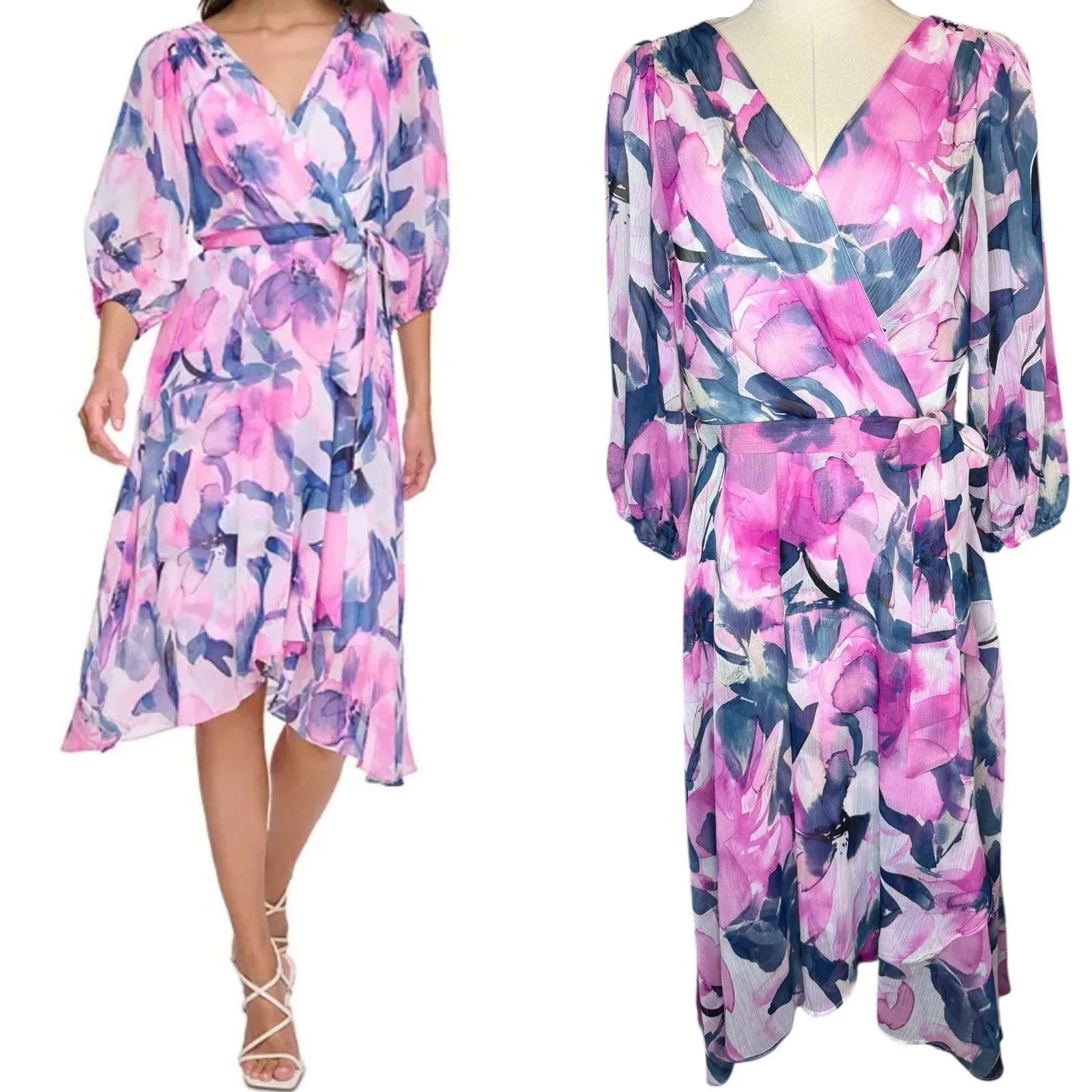 DKNY Floral Balloon Sleeve Tie Waist High Low Dress size 10 - Image 2