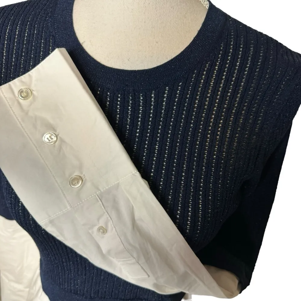 Veronica Beard Kaley Mixed Media Sweater Navy Blue White Small - Image 6