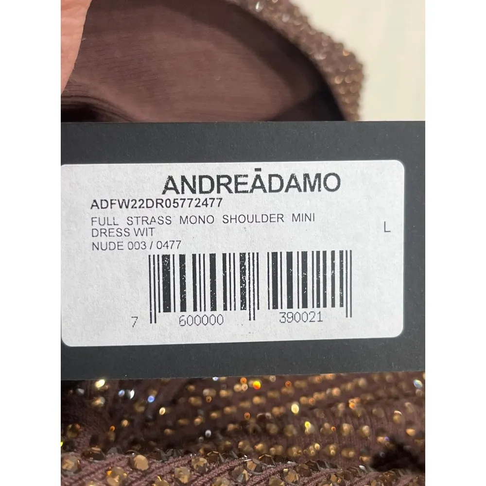 ANDREADAMO Full Strass Mono Shoulder Mini Dress in Brown Large New Womens - Image 9