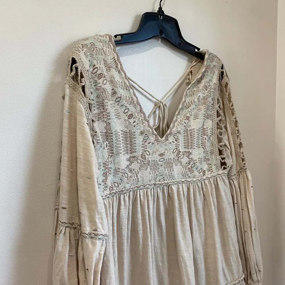 Free People Much Love Embroidered Beige Tunic Mini Dress Size Small - Image 9