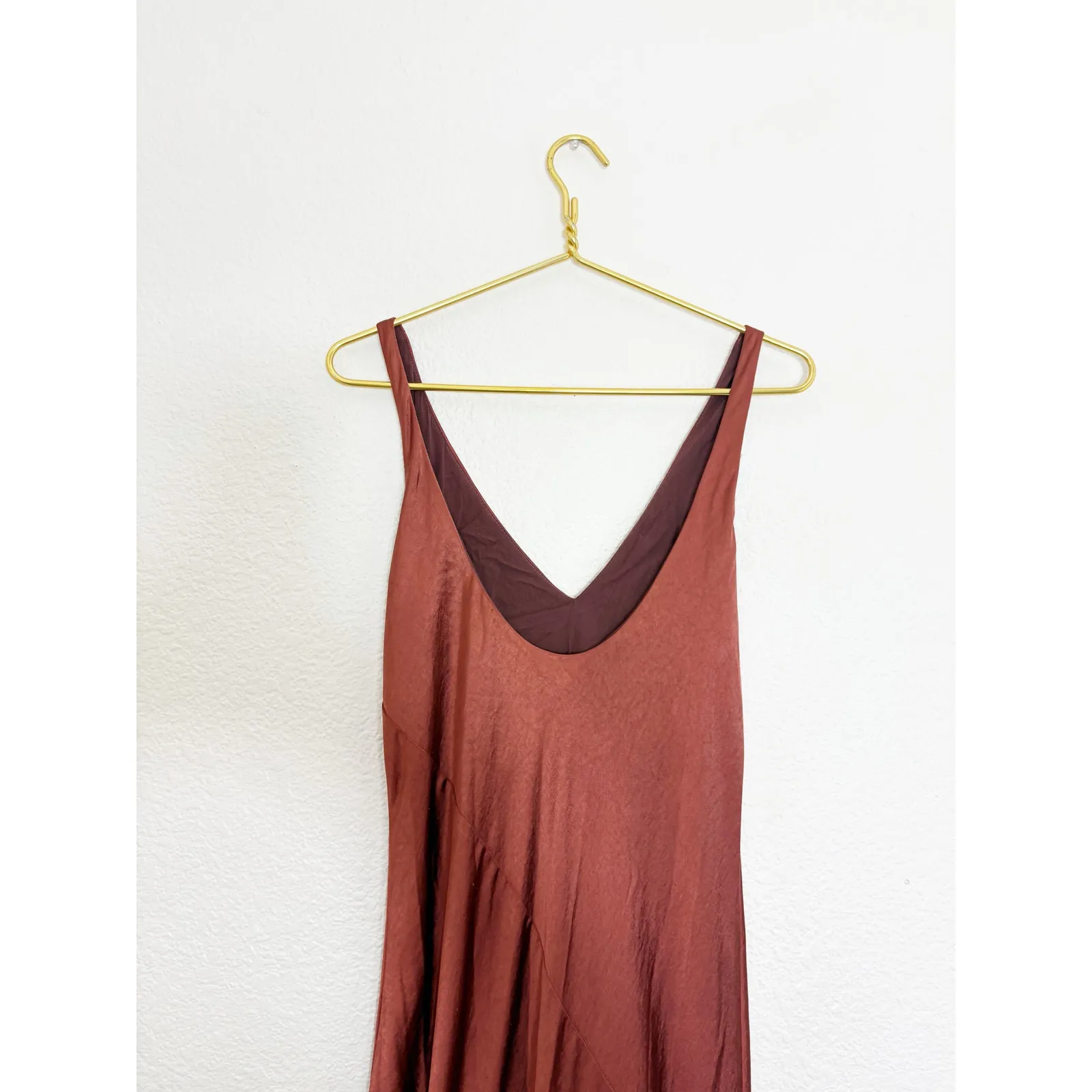 Anthropologie Line + Dot Loulou Satin Slip Midi Dress Medium Rust Quiet Luxury - Image 13