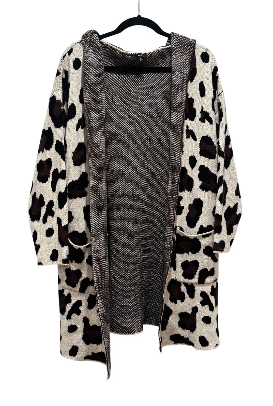 FATE Leopard Animal Print Hooded Long Lined Cardigan Sweater Women's Small Brown - Image 1