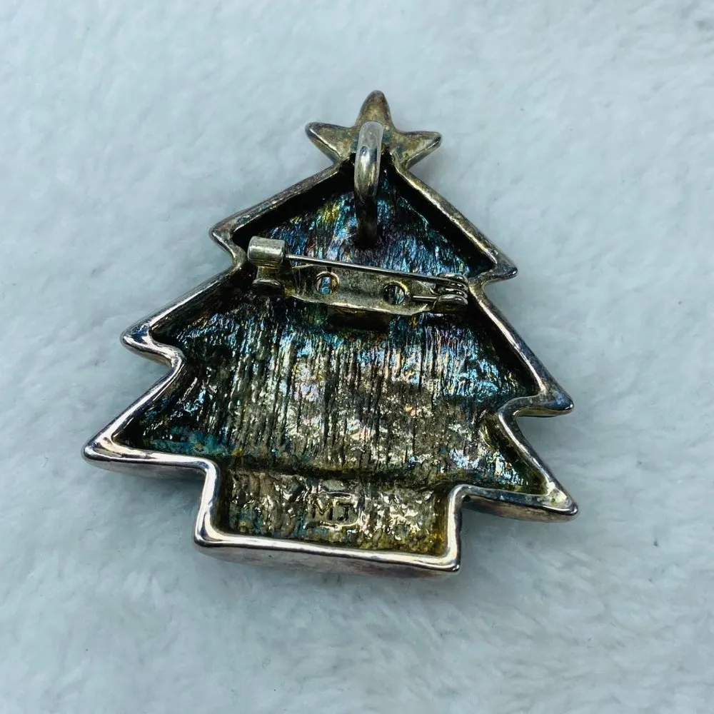 Christmas Tree Jewelry Pin Brooch or Pendant Marked MJ on Back Colorful Metal - Image 3