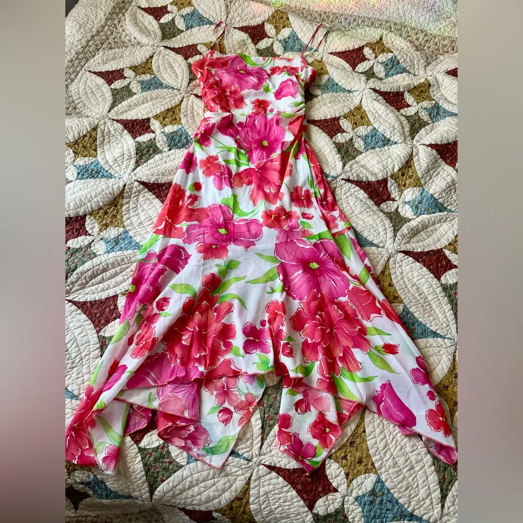 Y2K pink and green floral fairycore flowy midi dress with spaghetti straps - Image 2