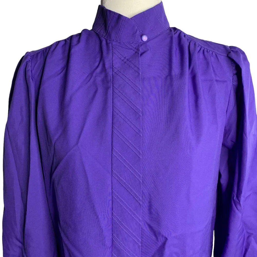 Vintage 80s Donnkenny Secretary Blouse M Purple Hidden Buttons High Neck - Image 2