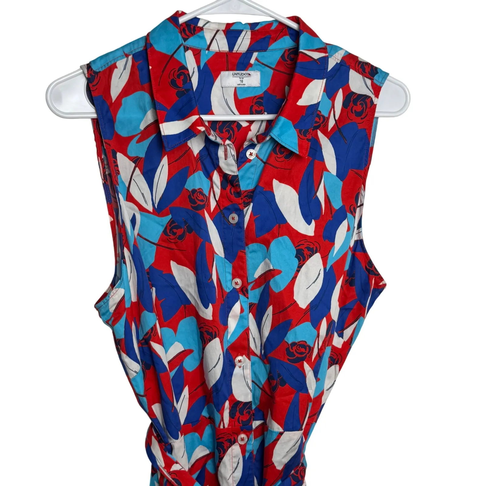 UNTUCKit Women 18 Red Blue White Floral Faye Sleeveless Button Down Shirt Dress - Image 2