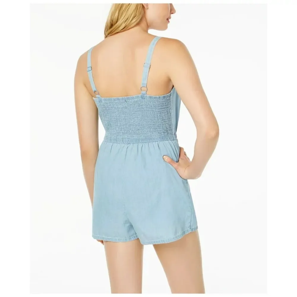 As U Wish Chambray Denim Cotton Tie Front Romper in Sky Blue Small - Image 2