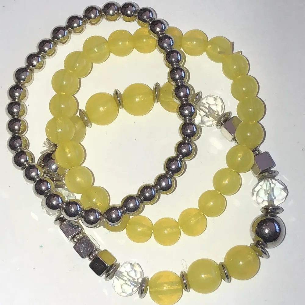 Yellow Silver Tone Beaded Boho Stretchy Bracelets - Image 4