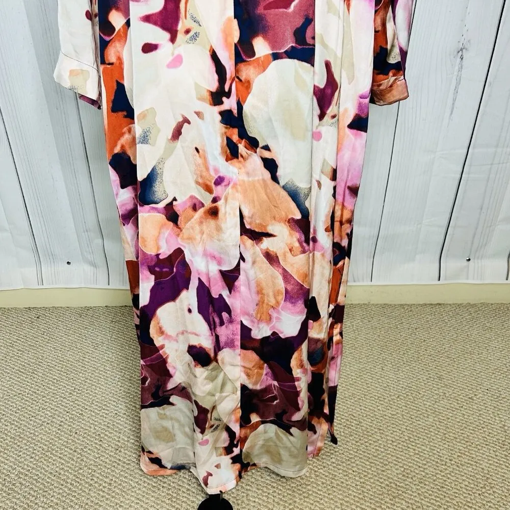 N Natori Caftan Pink Purple Abstract Floral Mix Sz L Full Zip 3/4 Sleeve Pockets - Image 3