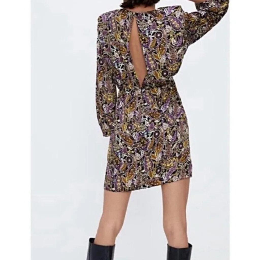 Zara Mini Dress Long sleeve Paisley Silky Satin Multicolored party cocktail M - Image 2