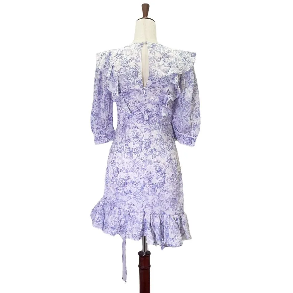 NWT Dark Pink Puff Sleeve Ruched Mini Dress in Lavender Rose Print Size 4 NEW - Image 3