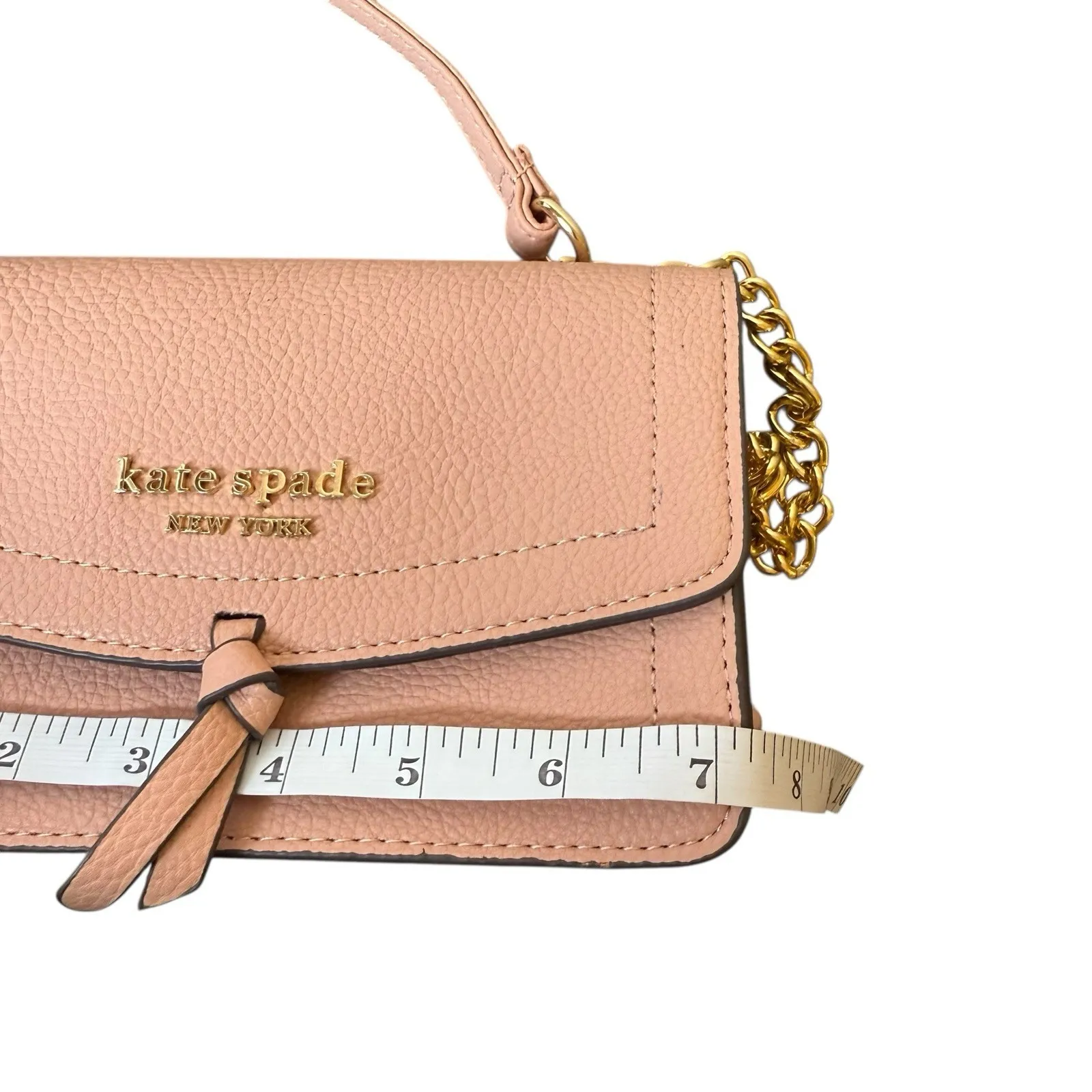 Kate Spade New York Knott Pebbled Leather Flap Crossbody Bag Pink Chain  Detail - Image 7