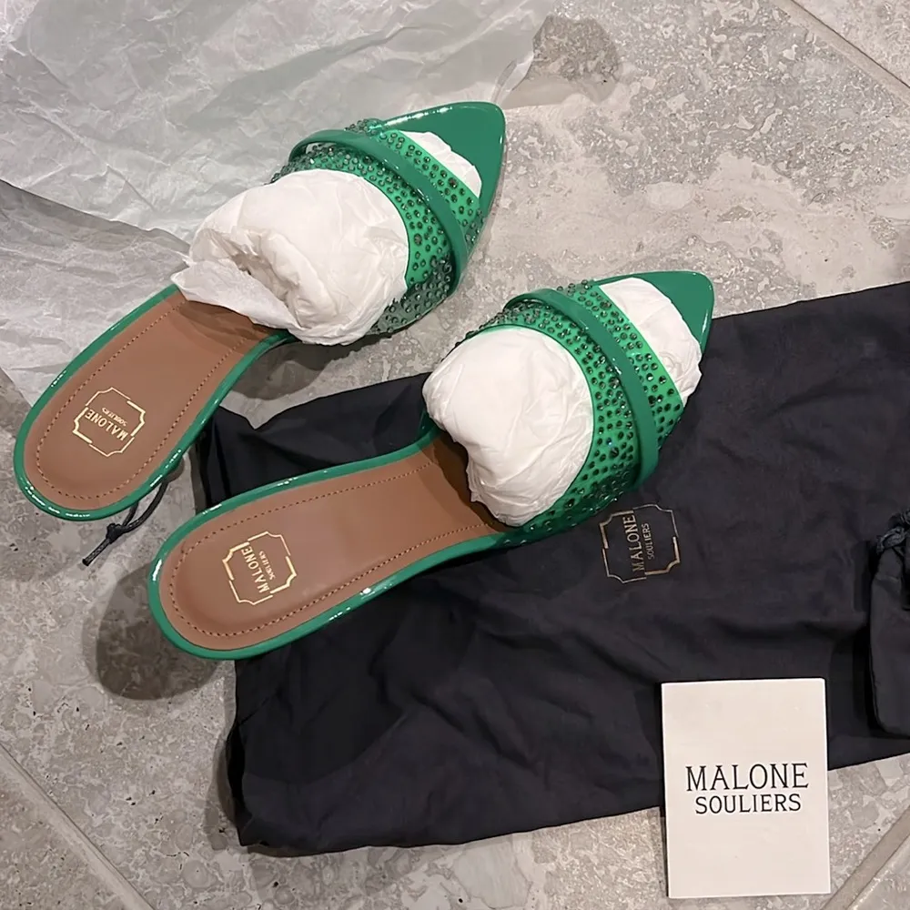 Malone Souliers Julia Embellished High Heel Mules, Green Size 40 NEW w/Dust Bags - Image 6