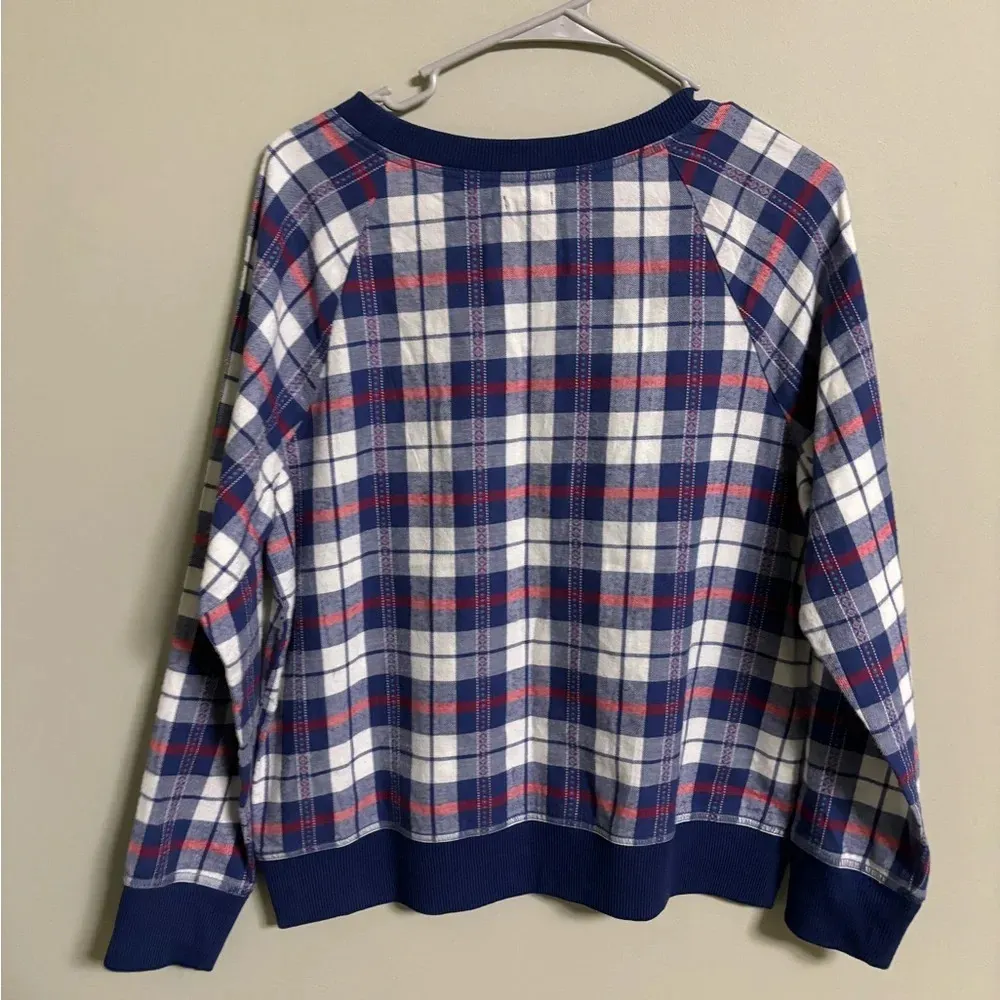 Aerie Flannel Cotton Blue and White Pullover Sweatshirt Size Medium Top - Image 2
