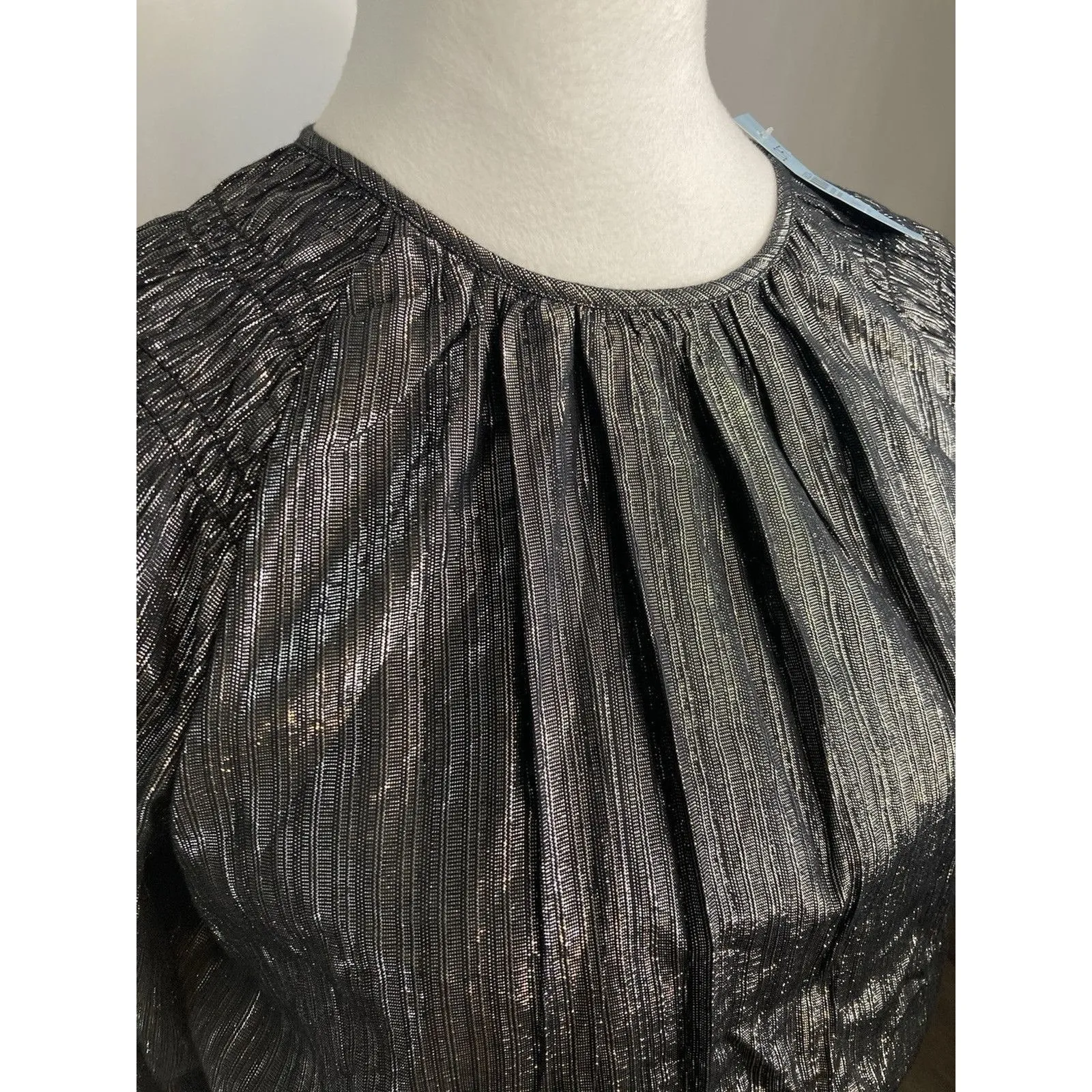 LOFT Dress Black Metallic Acubi Goth XSP Smocked Waist Puff Sleeve Mini NYE NEW - Image 3