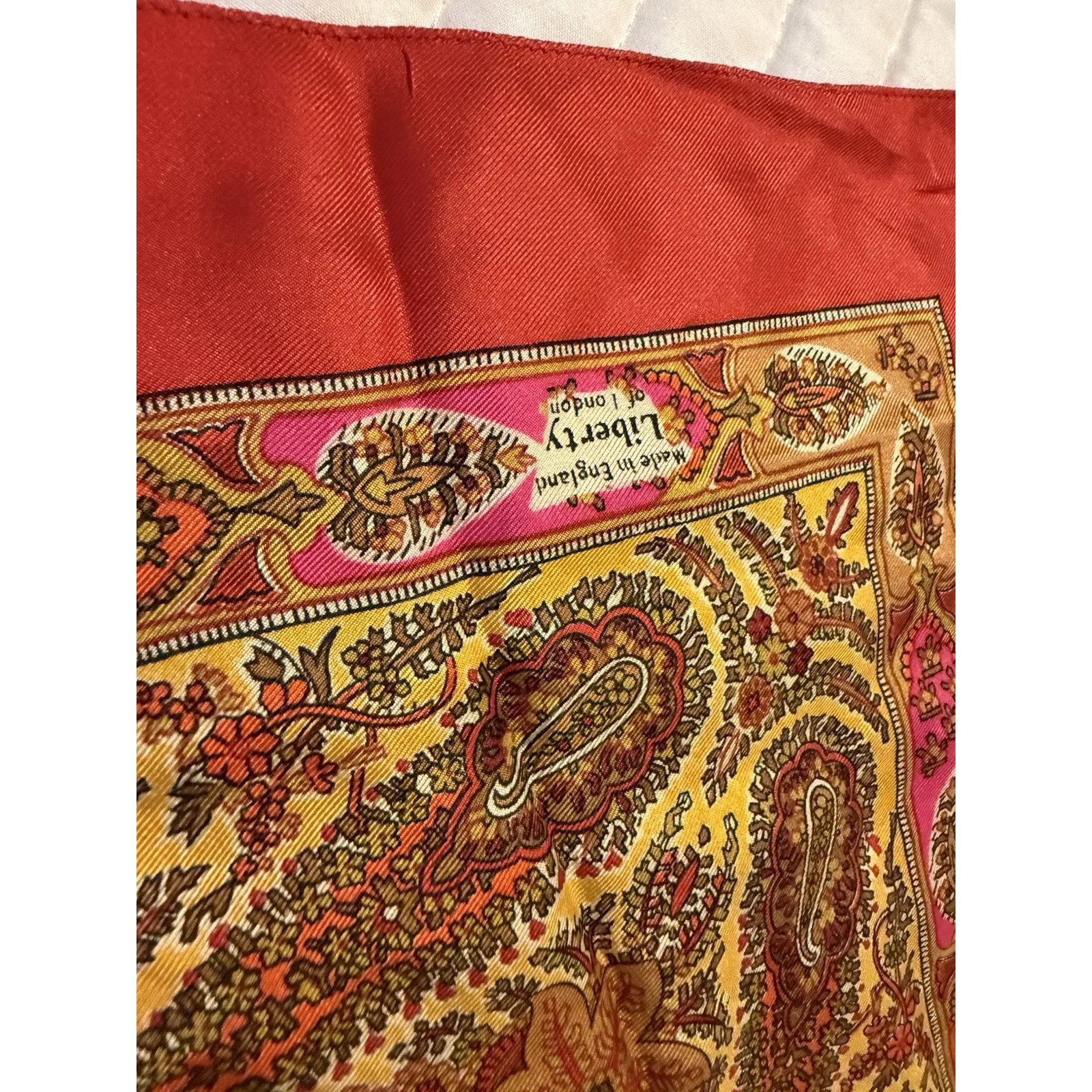 LIBERTY OF LONDON Scarf Geometric Paisley Silk Square Vintage Red Pink Gold - Image 10