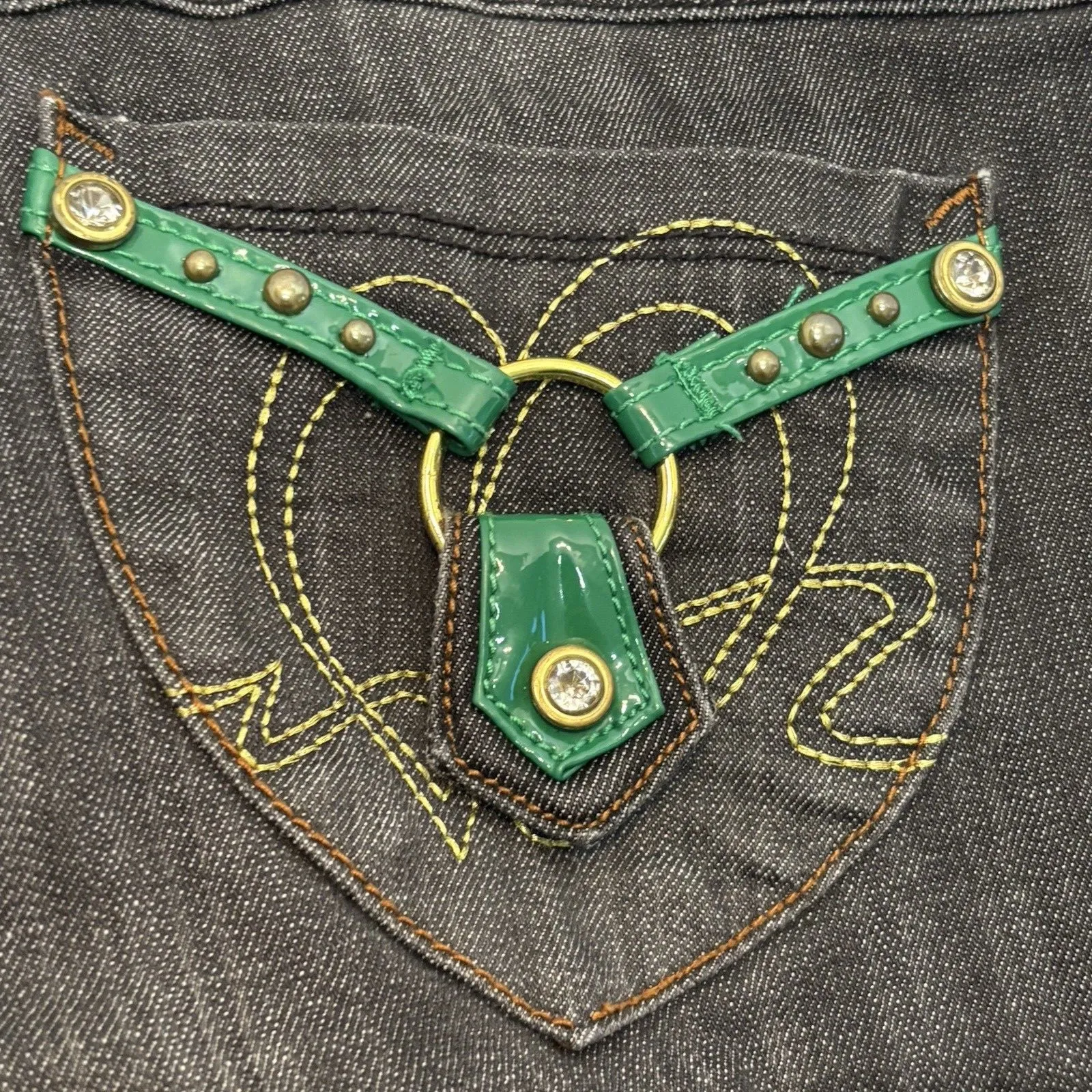 Southpole Womens Premium Jeans Gray Green Belt Strips Rhinestones Size 13 Black - Image 11