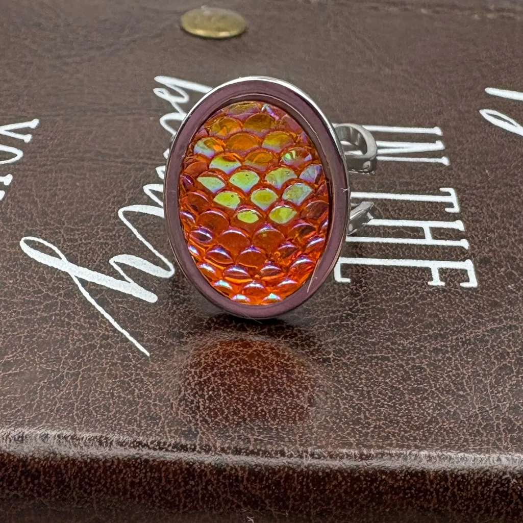 Handmade Adjustable Stainless Steel Ring Iridescent Mermaid Scale Oval Cabochon Orange - Image 2
