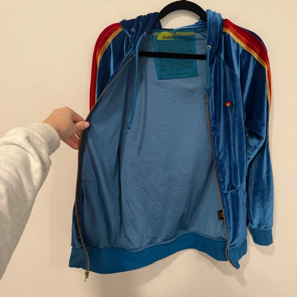 Aviator Nation Classic Blue Velvet Relaxed Zip Hoodie Rainbow Stripes M - Image 6