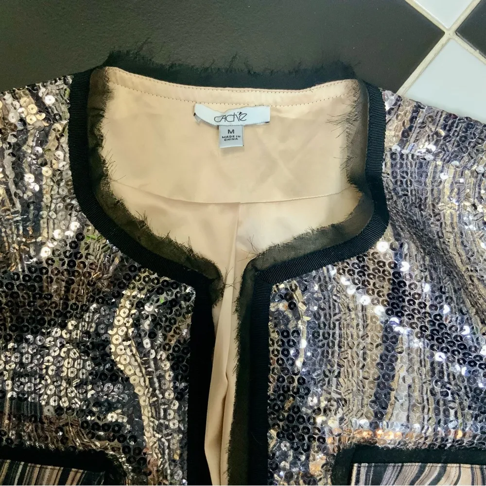 Vintage Y2K  Blazer Jacket Sequin Animal Print Silver Tweed Black Trim sz M - Image 5