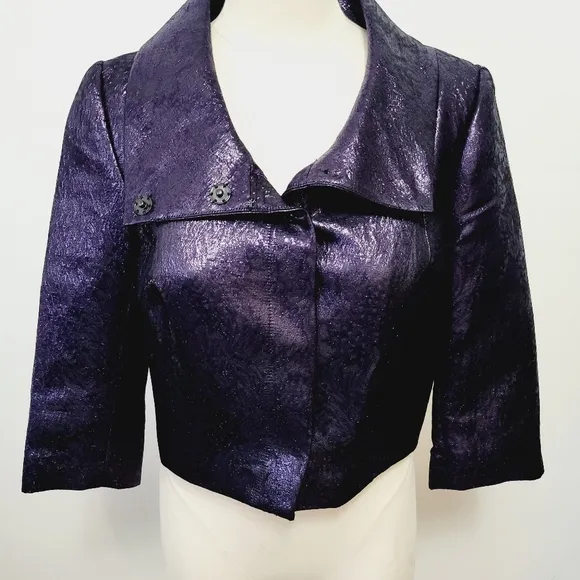 Tracy Reese NY purple metallic jacquard laquer cropped blazer size medium - Image 1