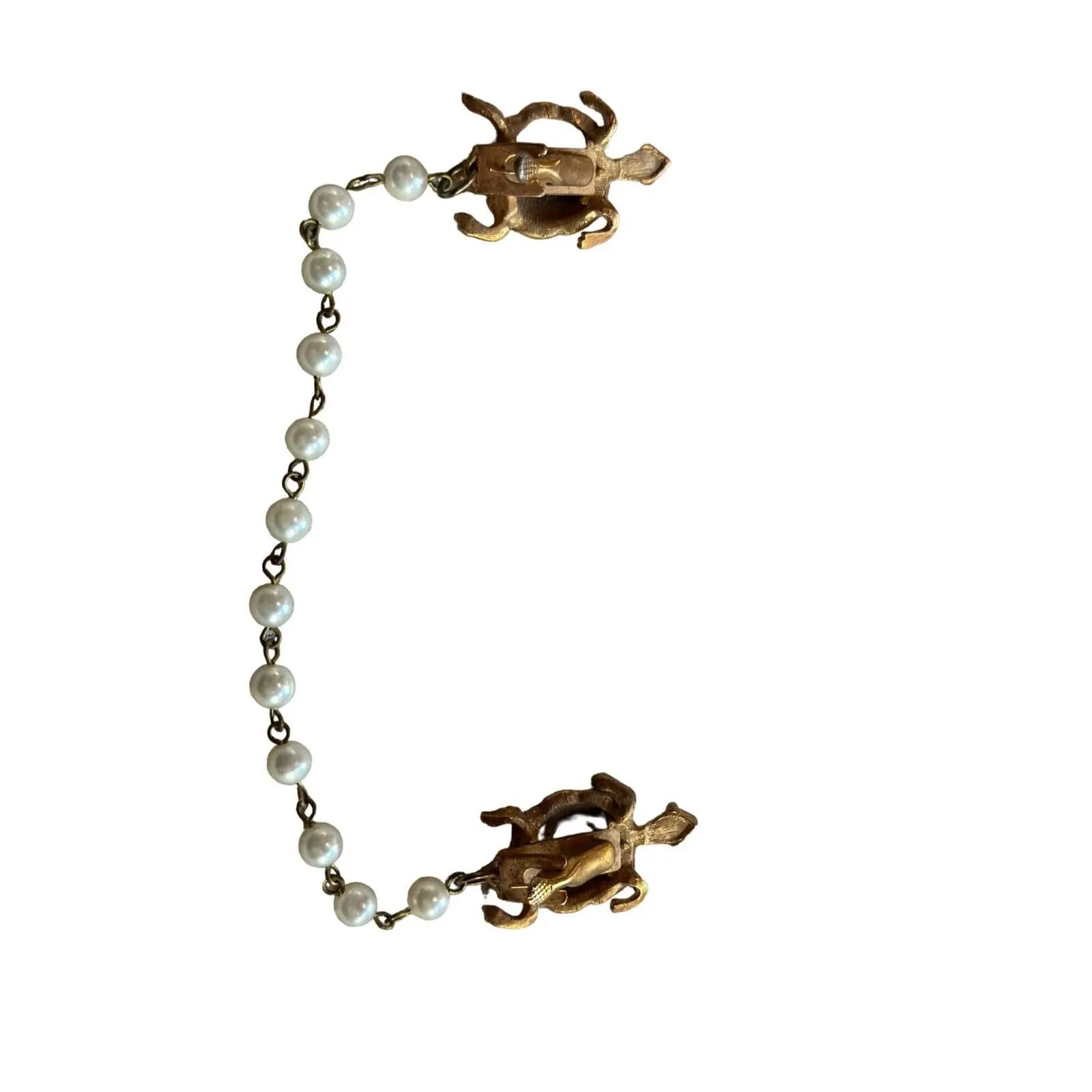 Vintage 1950s Sweater Guard Clip Faux Pearl Chain Gold Tone Turtle Rare - Image 5