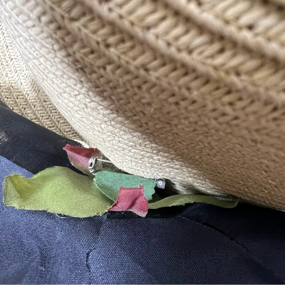 Nine West Floppy Black Strip and Flower Straw Hat - Image 4