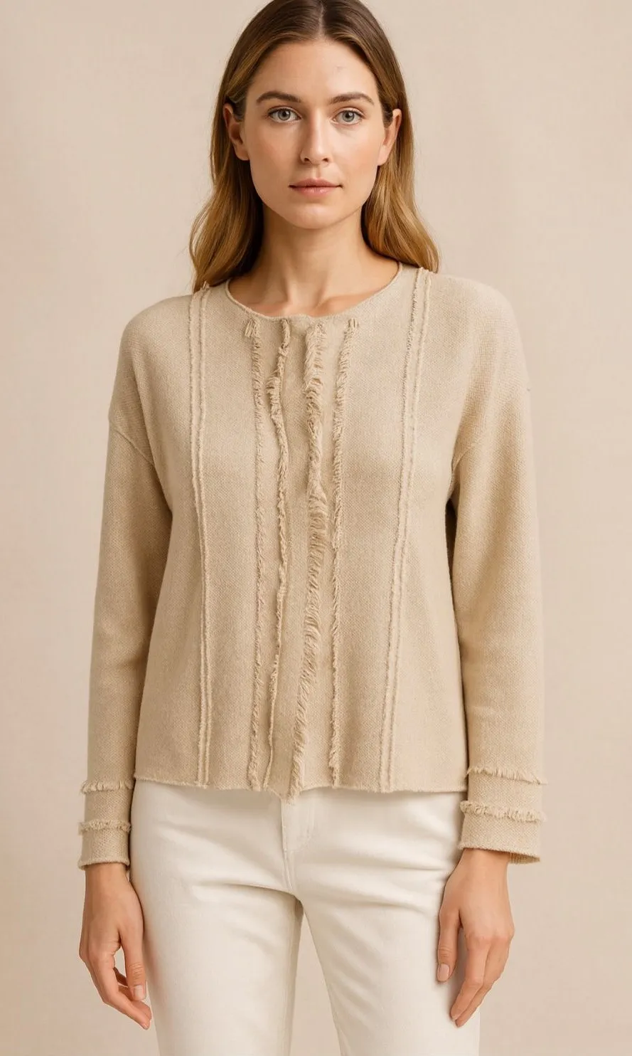 Lamberto Losani Beige Cashmere Cotton Fringe Snap Cardigan Jacket Medium Tan - Image 1