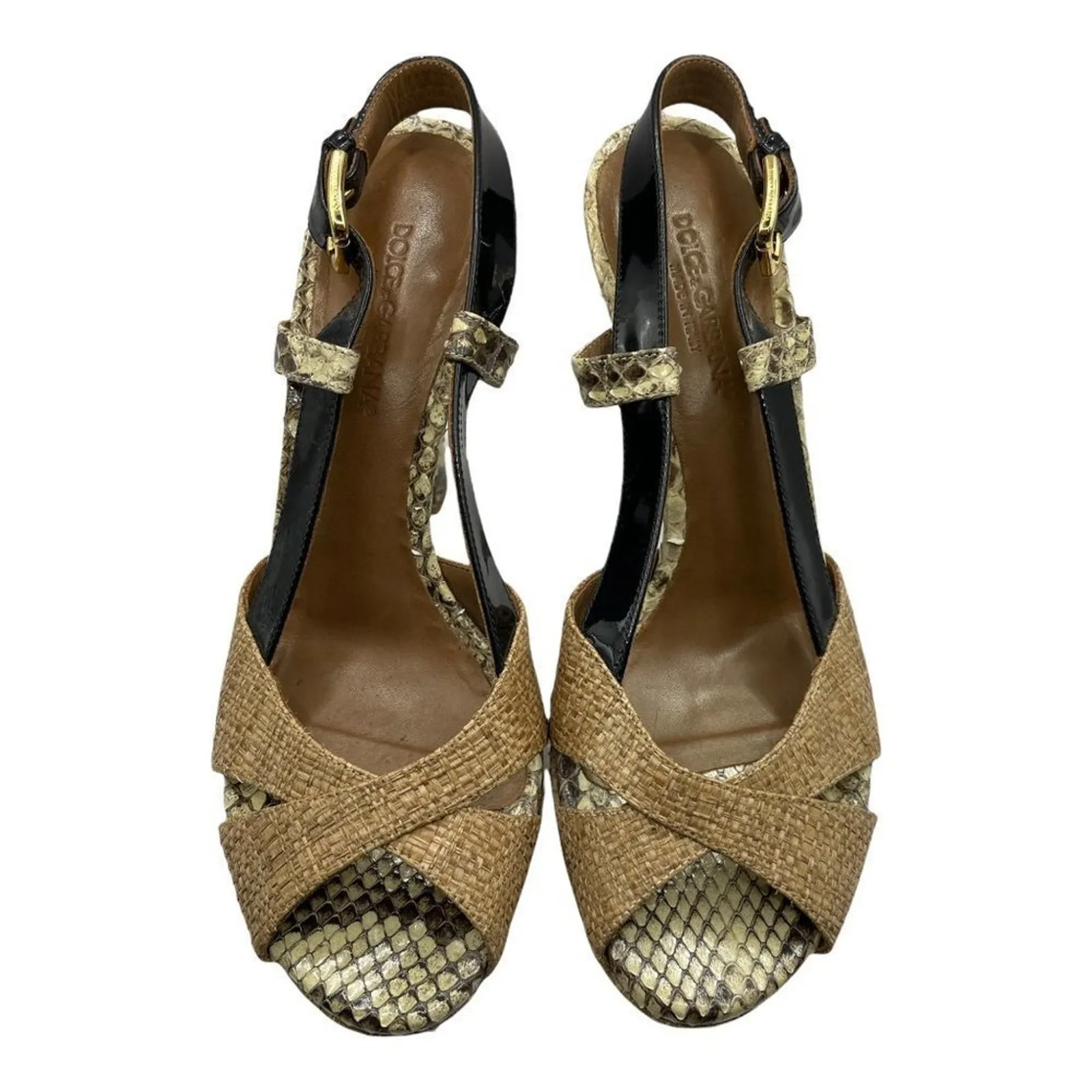 Dolce and Gabbana Snakeskin Tan Black Platform Sandals Heels - Image 4