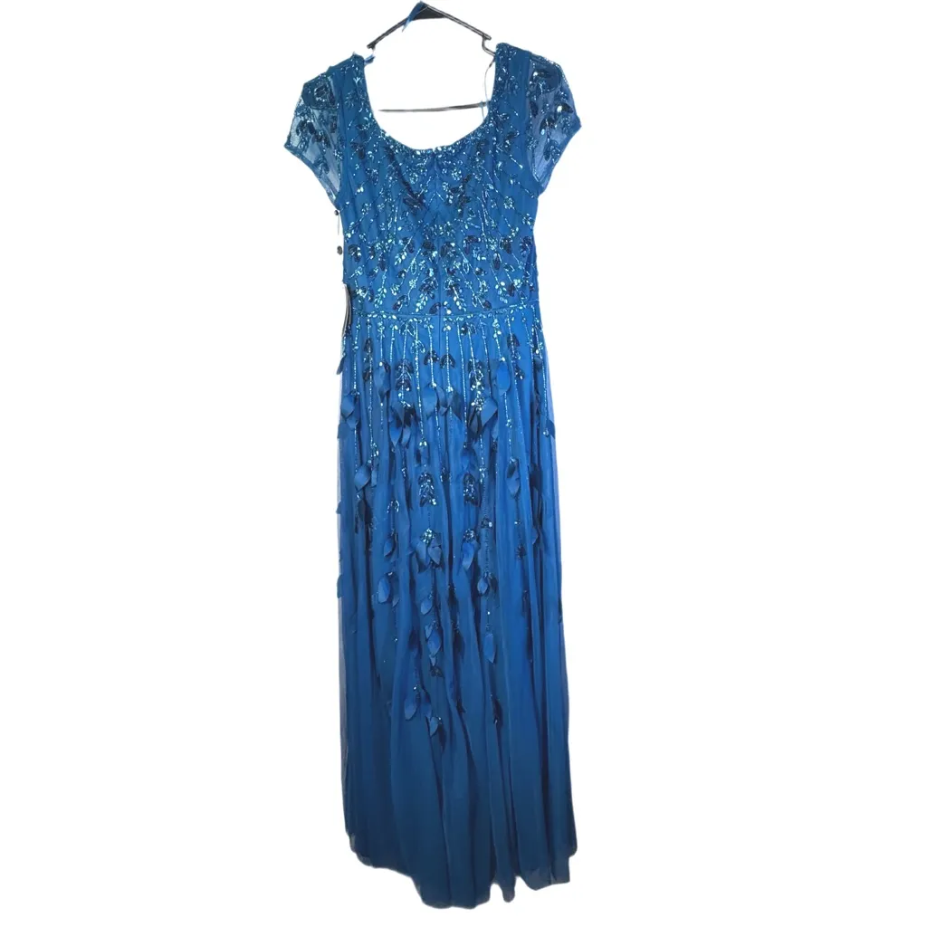 NWT Adrianna Papell Beaded 3D Petal Short Sleeve Gown Teal Blue Dress Sz 6 - Image 6