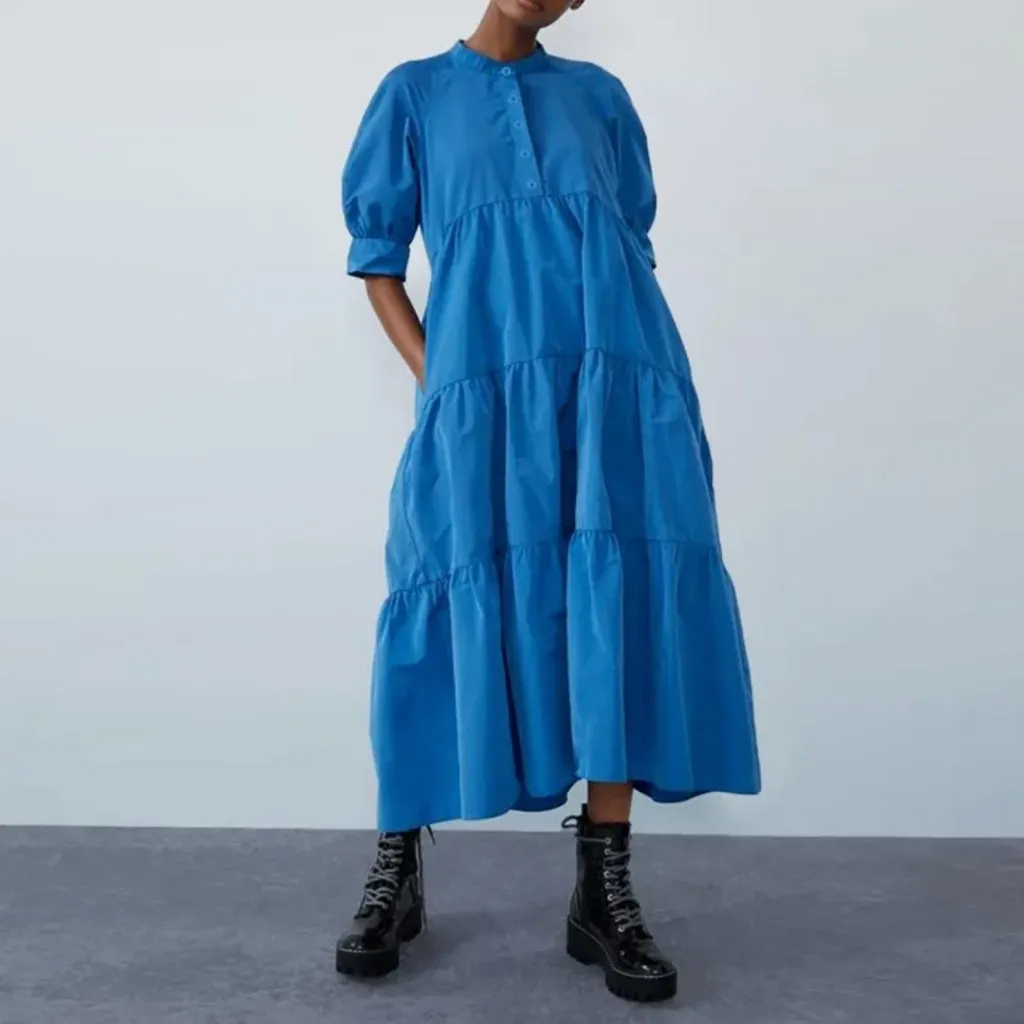 ZARA Sea Puff Sleeve Voluminous Tiered Ruffle Midi Maxi Dress Blue Size XS - Image 6