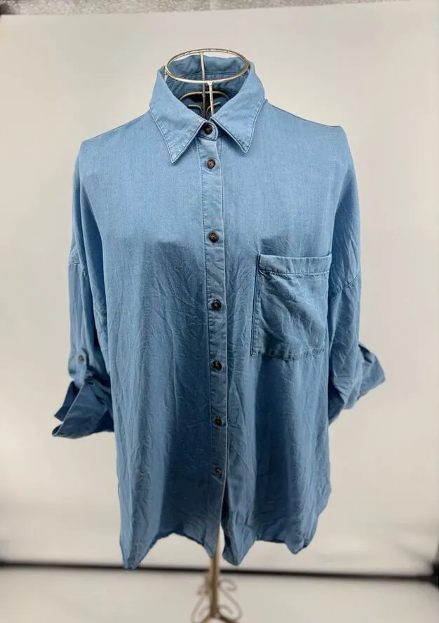 Massimo Dutti Blue Roll Up Sleeve Womens Button Up Shirt Size 2 Model 5185 - Image 1