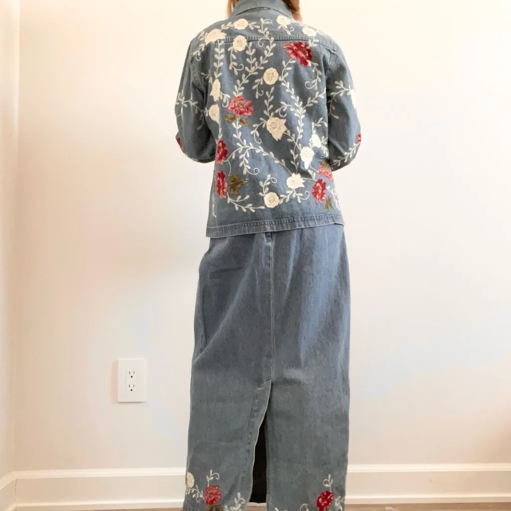 Vintage Denim&Co Blue Maxi Skirt and Jacket Set with Floral Embroidery - Image 5