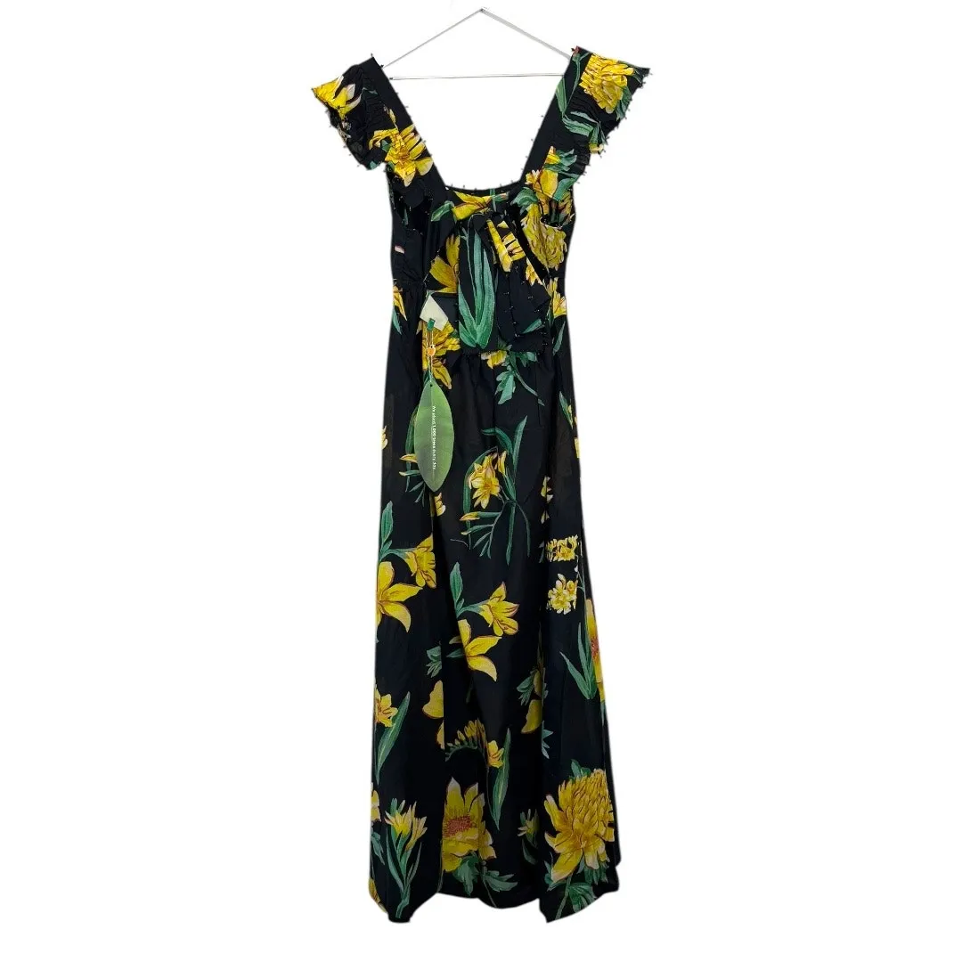 Farm Rio Alice Flowers Black Maxi Dress Yellow Floral Flutter Sleeve Size S - Image 7
