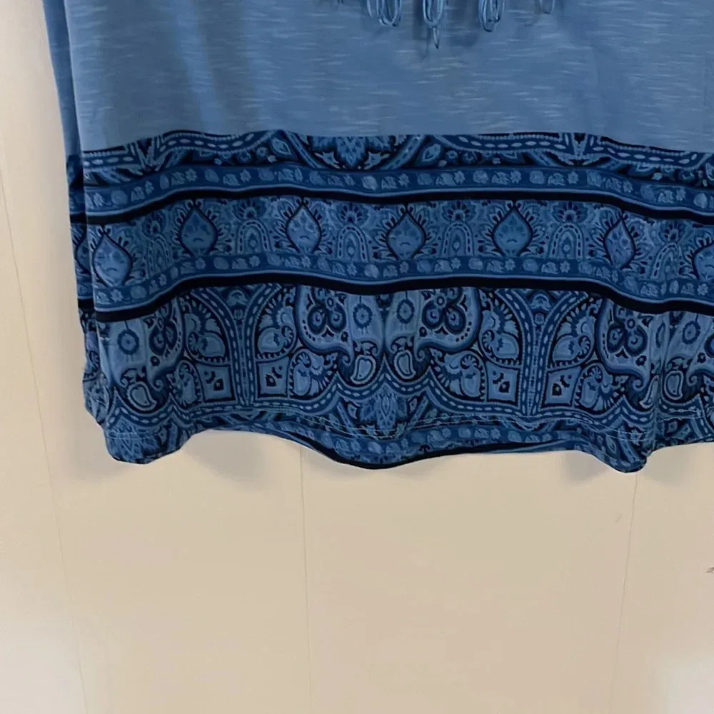 One World Blue Top with Boho Print & Matching Scarf With Fringe Sz M - Image 3