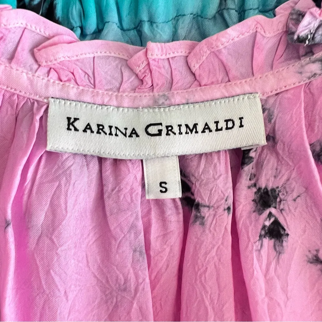 Karina Grimaldi Pink and Teal  Tye Dye Short Sleeve Silk Dress - Image 8