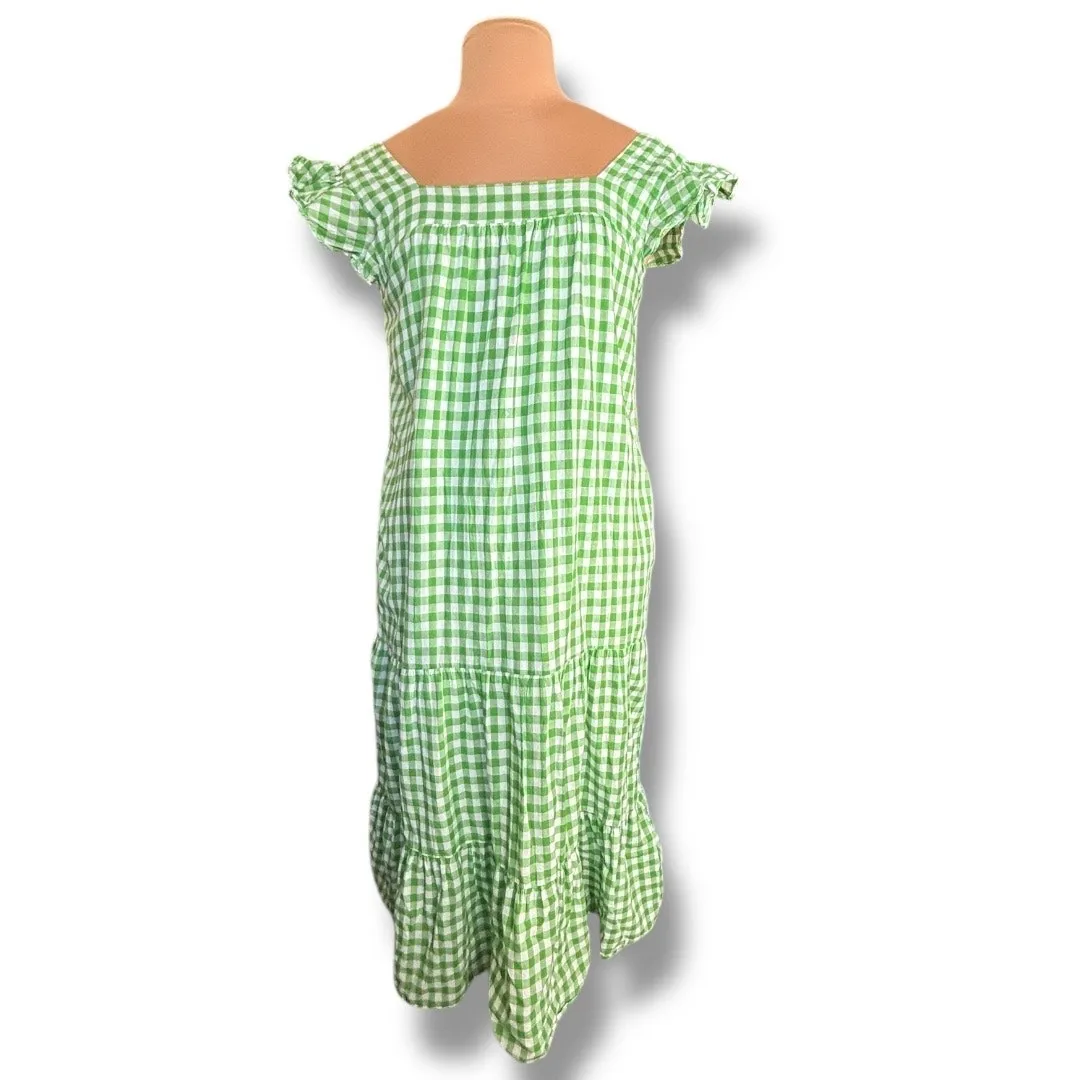 Draper James RSVP Green Gingham Plaid Cotton Midi Dress Ruffle Sleeves Medium - Image 2