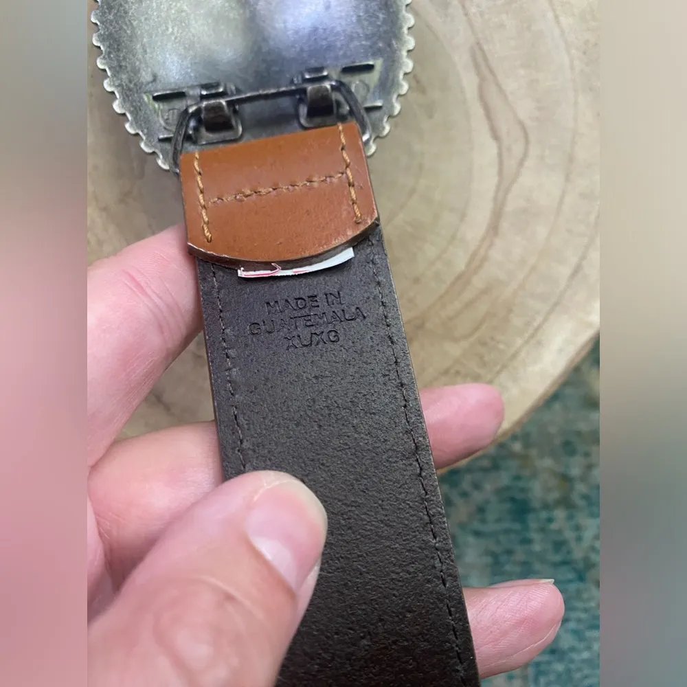 90s/Y2K western turquoise beaded buckle leather belt, size XL Brown - Image 4