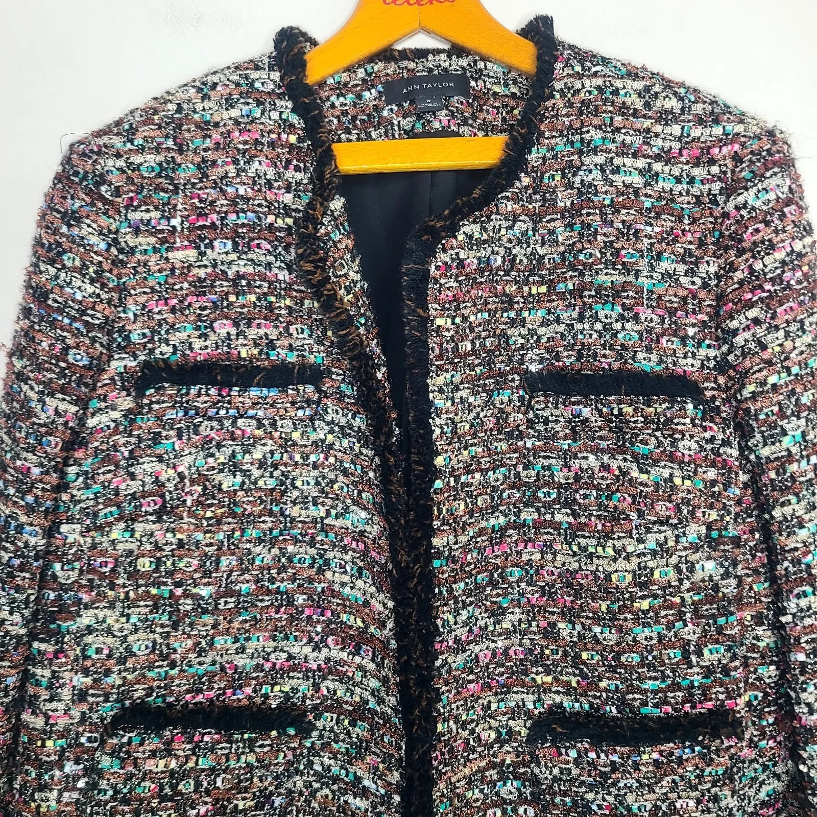 Ann Taylor Tweed‎ Multicolor Sequin Shimmer Open Front Fringe Jacket Blazer 12 - Image 4