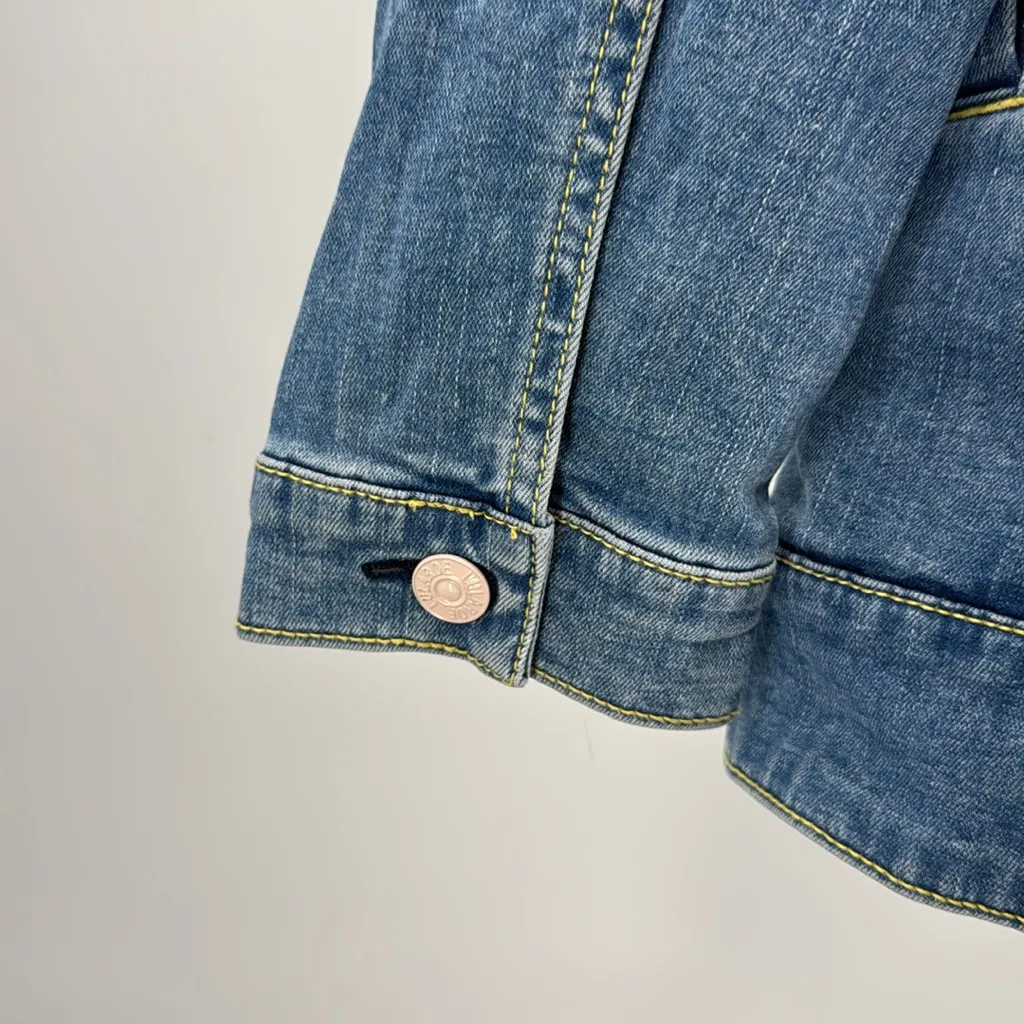 LuLaRoe Denim Jacket Yellow cream sage Embroidery stretch casual L boho Aztec SW - Image 6