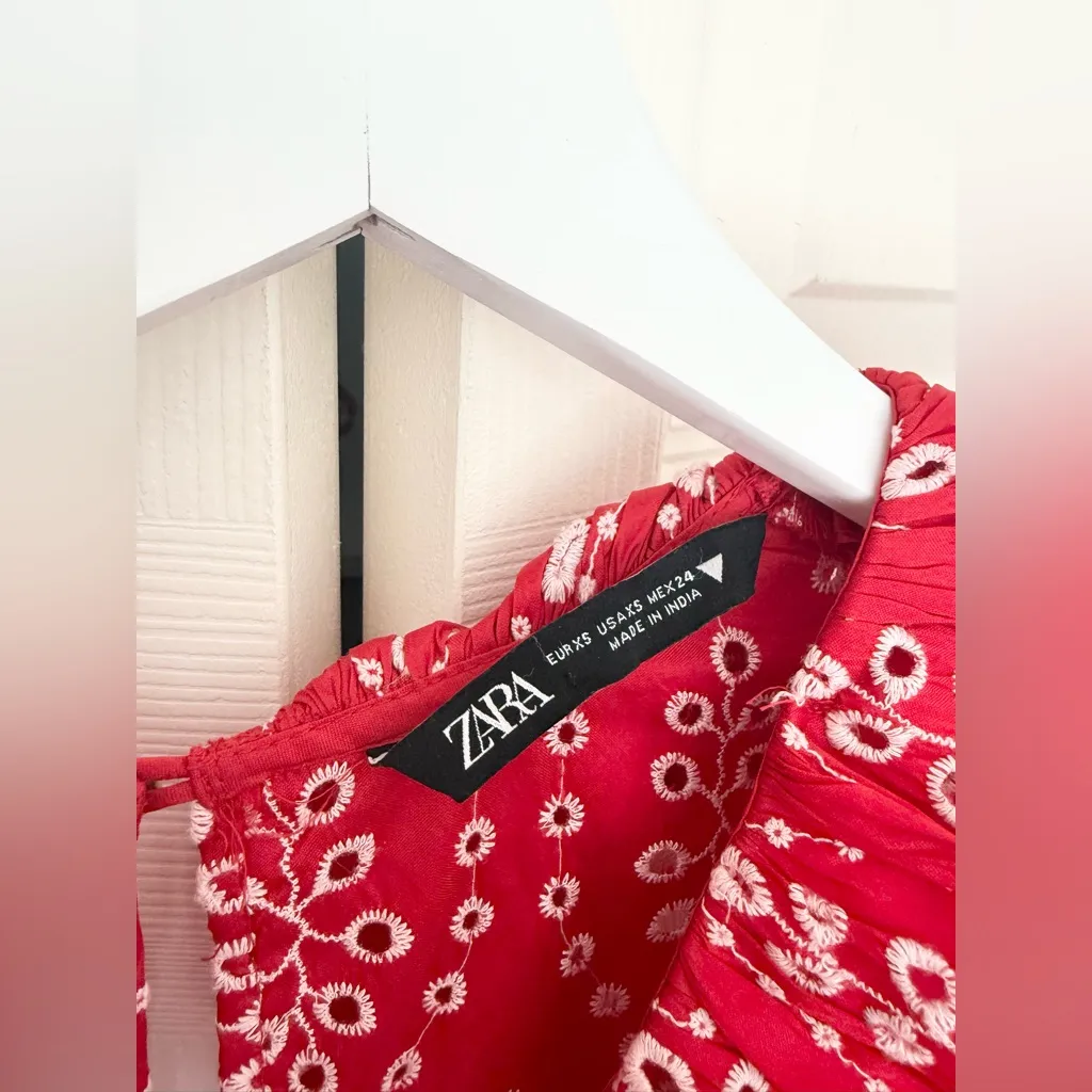ZARA Red & White Eyelet Ruffle Puff Sleeve Short Sleeve Midi Dress Size XS - Image 6