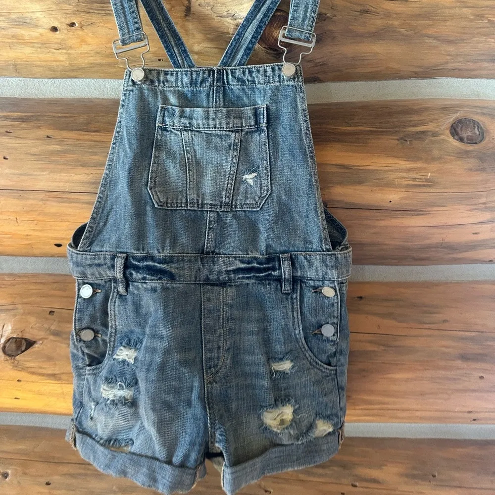 Medium Wash Short Distressed Denim Overalls - Image 3