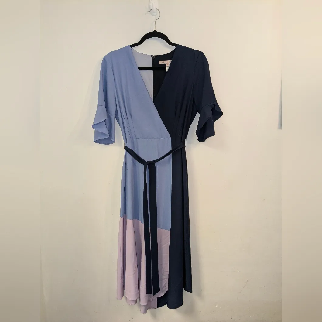 Antropologie Hutch V Neck Color Block Flutter Sleeve Wrap Dress Blue/Lilac Sz M - Image 3