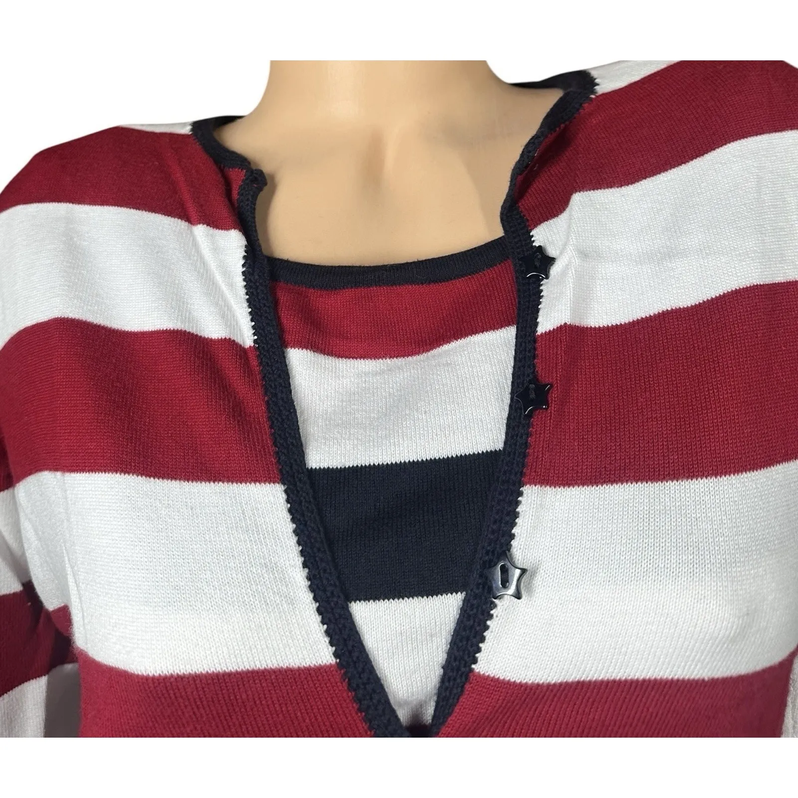 Vtg TALBOTS Red White Blue Stars Stripes 2 Pc Cardigan Sweater Set Patriotic S - Image 6