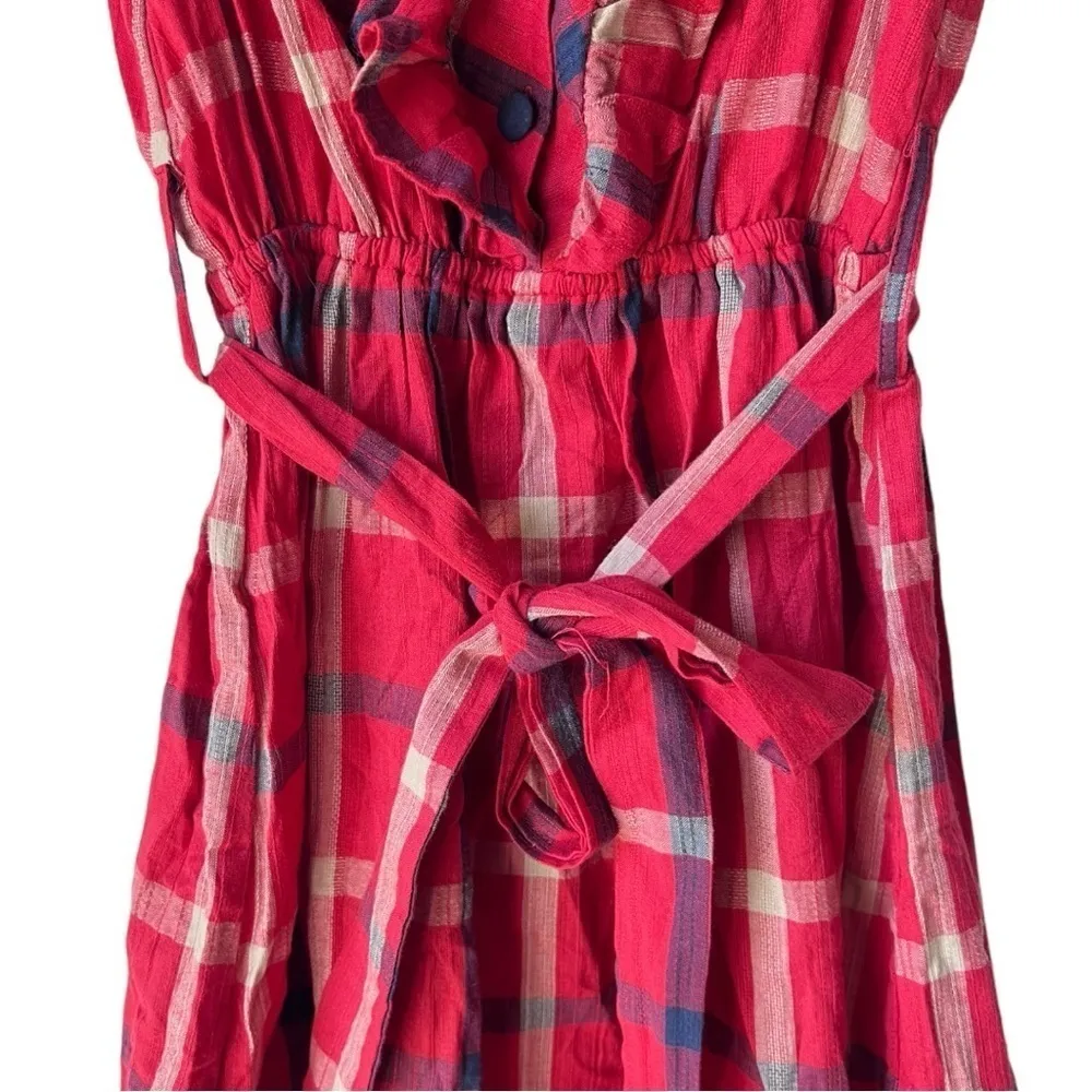 Women's lightweight ruffle strap mini midi dress red blue plaid Vintage doll S. - Image 5